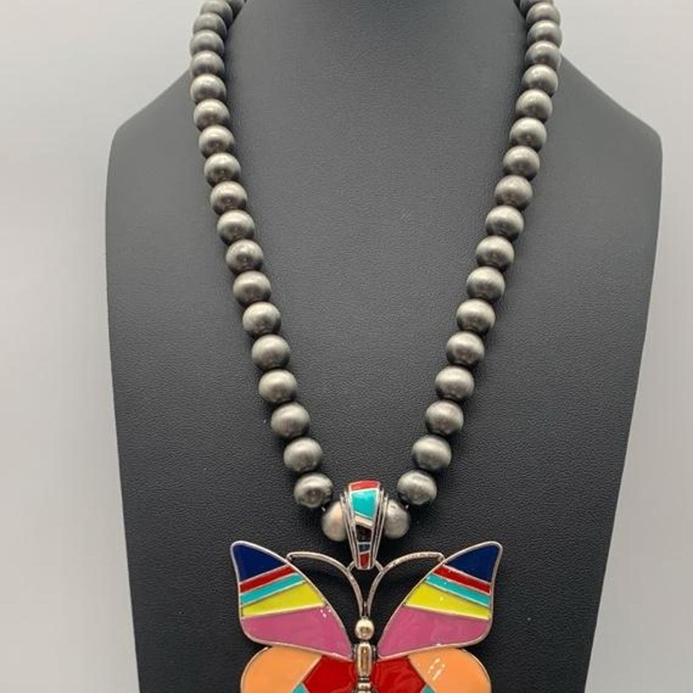 Gray Beaded multi-colored butterfly pendant necklace